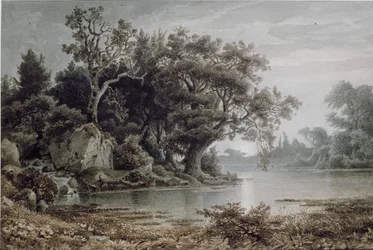 Boslandschap bij water bij opkomende maan